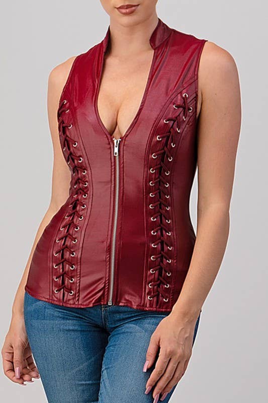 Lydia USA - Wholesale Blouse - Women's - Front Lace Up Back Cut Out  Pleather Plus Top2