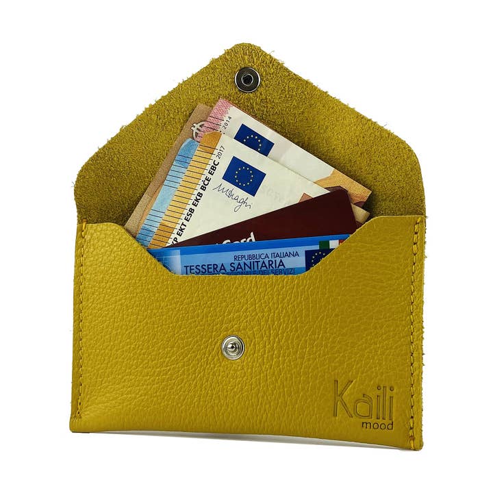K0040RB | Made in Italy full grain genuine leather pouch with flap, dollar grain - Color Yellow - Dimensions: cm 13 x 8 x 0.5 - Packaging: Hard gift box bottom/lid for wholesale by Kaili mood / RENATO BORZATTA - Italy since 1978 -