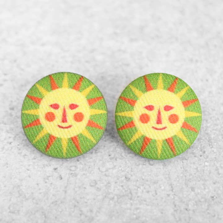 Bold 7/8 Inch Retro Sun Fabric Button Earrings for wholesale by Rachel O's