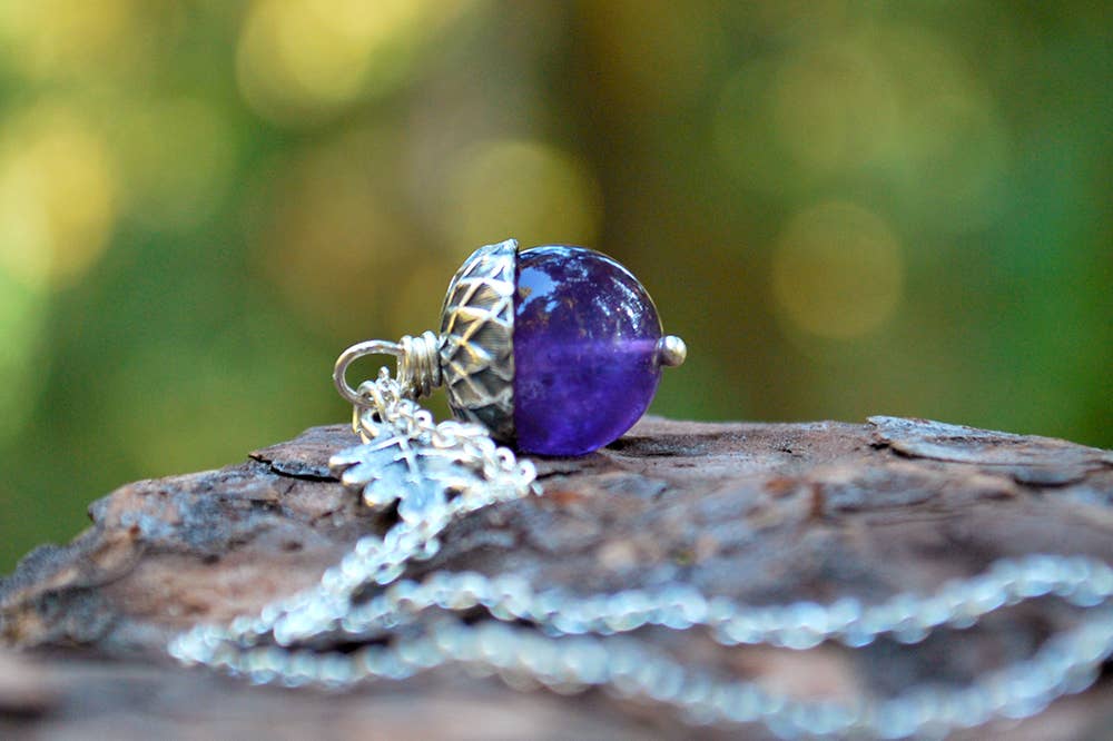 Enchanted Leaves - Wholesale Pendant/Charm Necklace - 18" Amethyst and Silver Acorn Necklace6