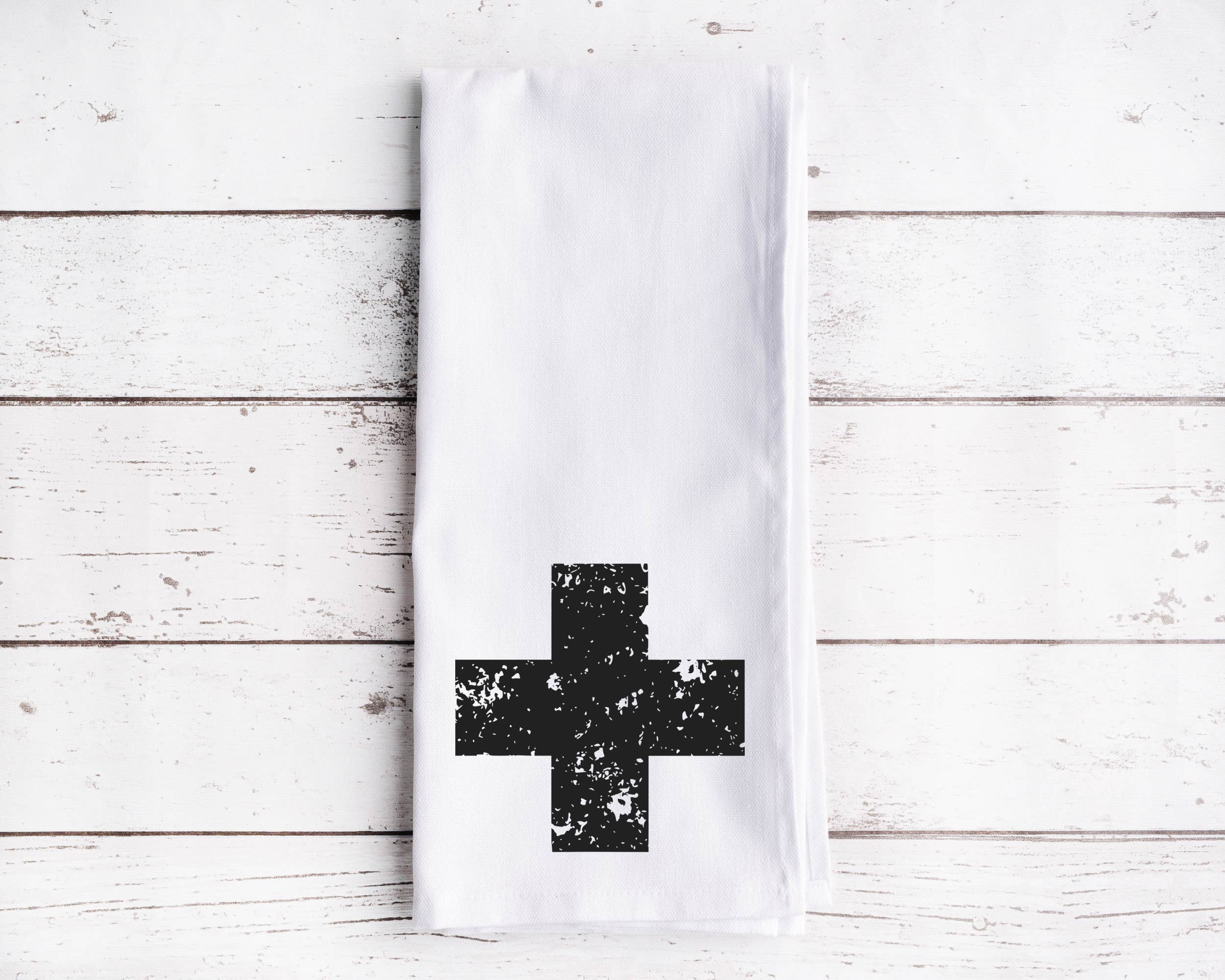 Perfect Day Print Co - Wholesale Tea Towel - Distressed Swiss Cross Tea Towel, Black & White Dish Cloth0