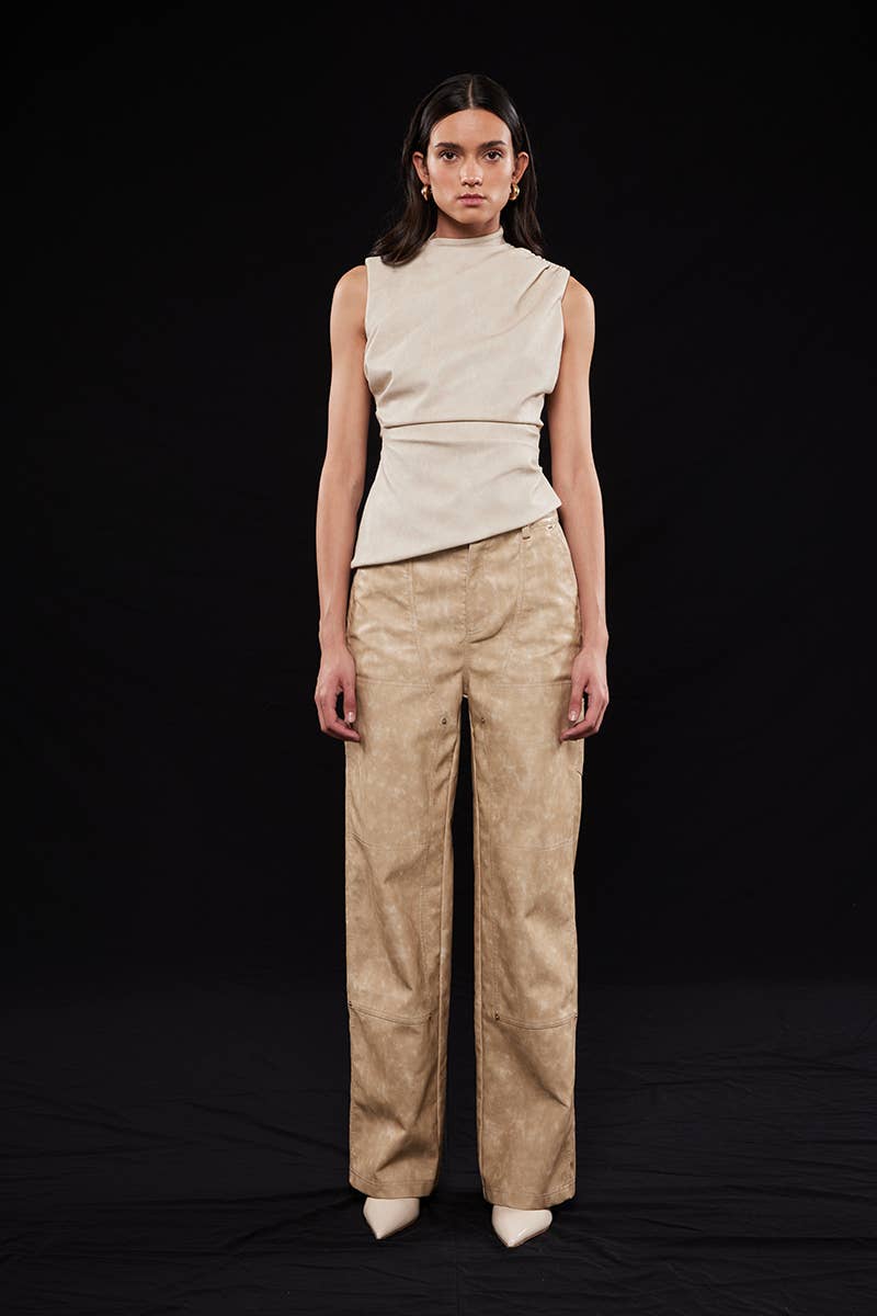 BIEGE ASYMMETRIC PLEATHER MOCK NECK SLEEVELESS TOP-TI6804FO for wholesale on Faire8