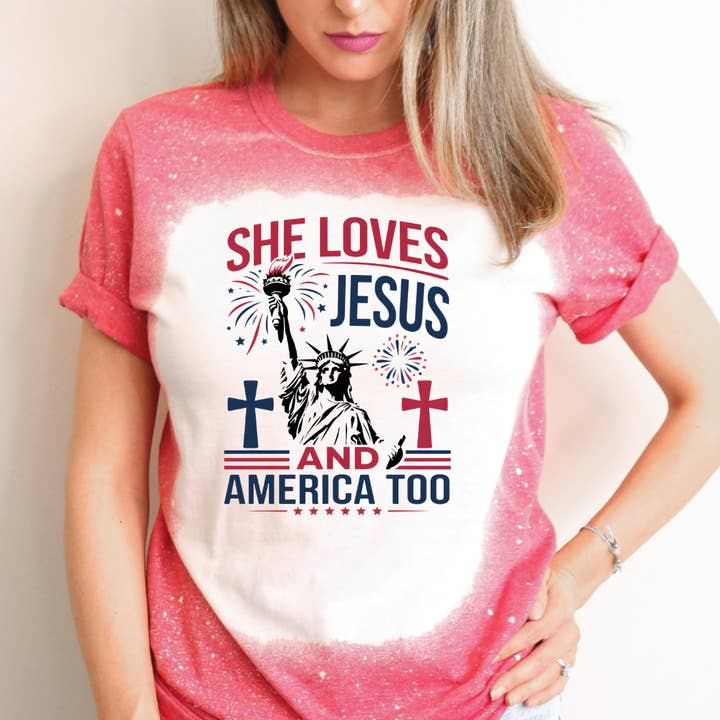 She Loves Jesus And America Too 4th Of July Bleached Tee for wholesale by Hello Gorgeous Apparel