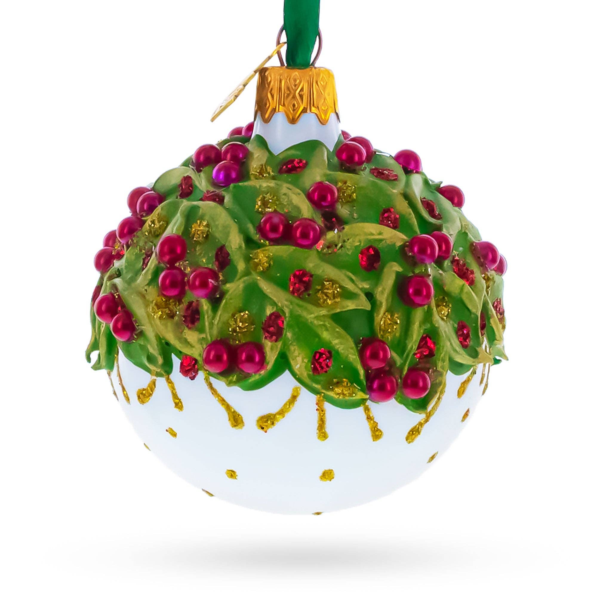BestPysanky – Großhandel Verzierung – Rote Perlen und Weihnachtssternblüten auf glänzendem weißen Glaskugel-Weihnachtsornament 6 cm1
