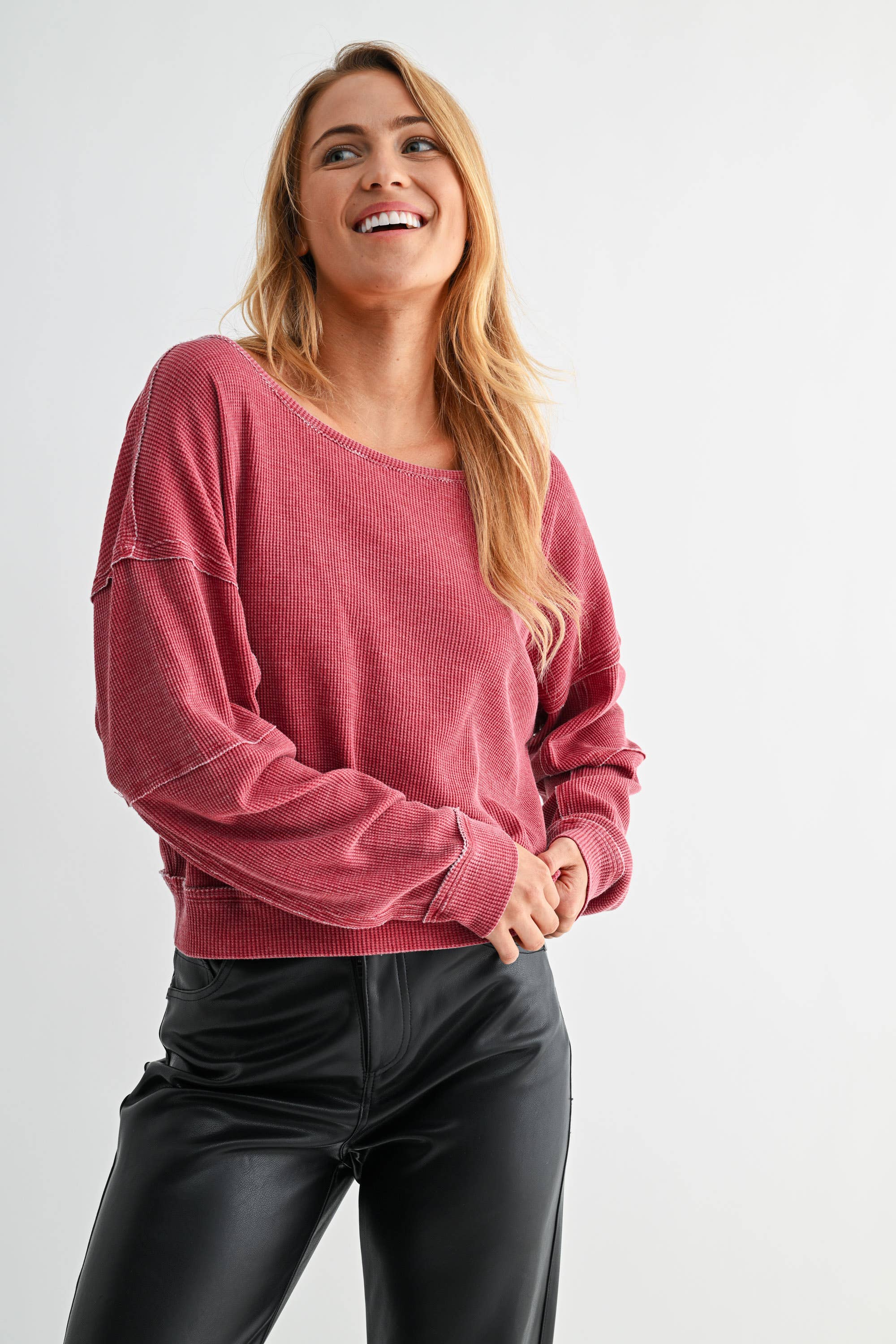 Mono B - Wholesale Sweatshirt - Women's - Raw Edge Waffle Knit Boatneck Pullover17