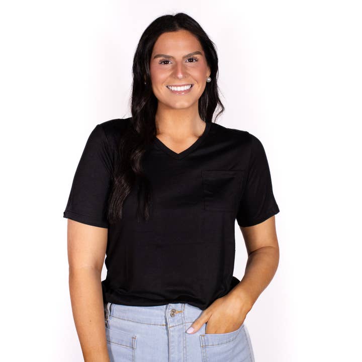Highlands V-Neck Pocket Tee Black -Asst for wholesale on Faire