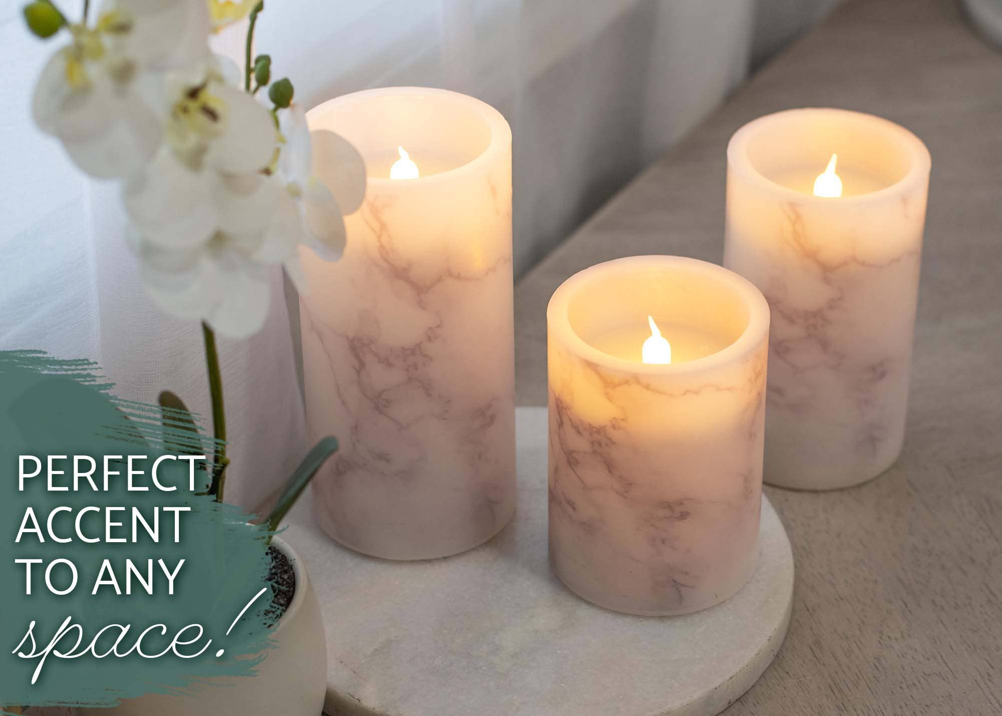 EAST AVENUE – wholesale Flameless candle – Marbled White and Gray 6 inch Flameless Candles Set of 35