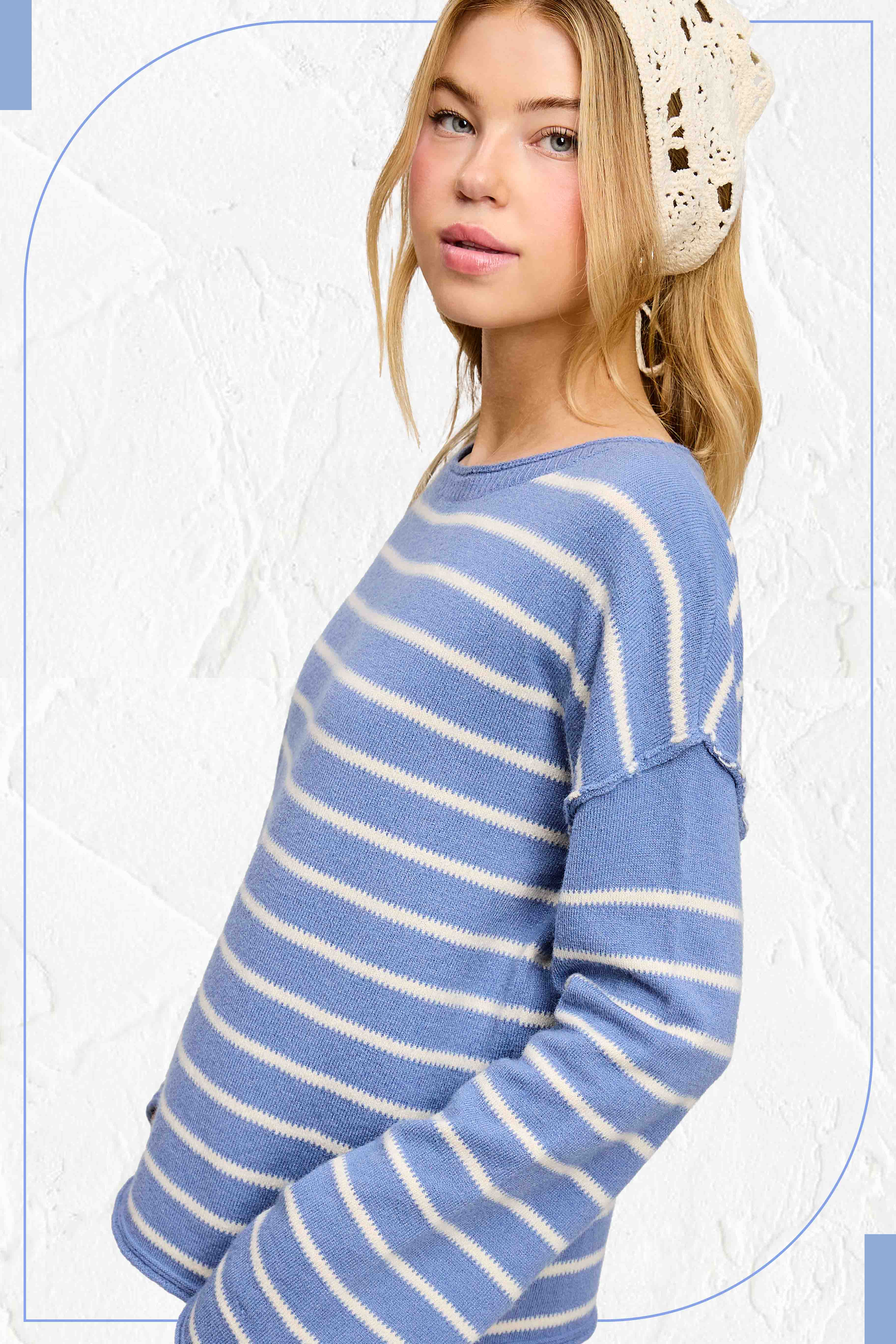 La Miel - Wholesale Knit Sweater - Women's - MCS3588-Striped Round Neck Loose Fit Long Sleeve Sweater12