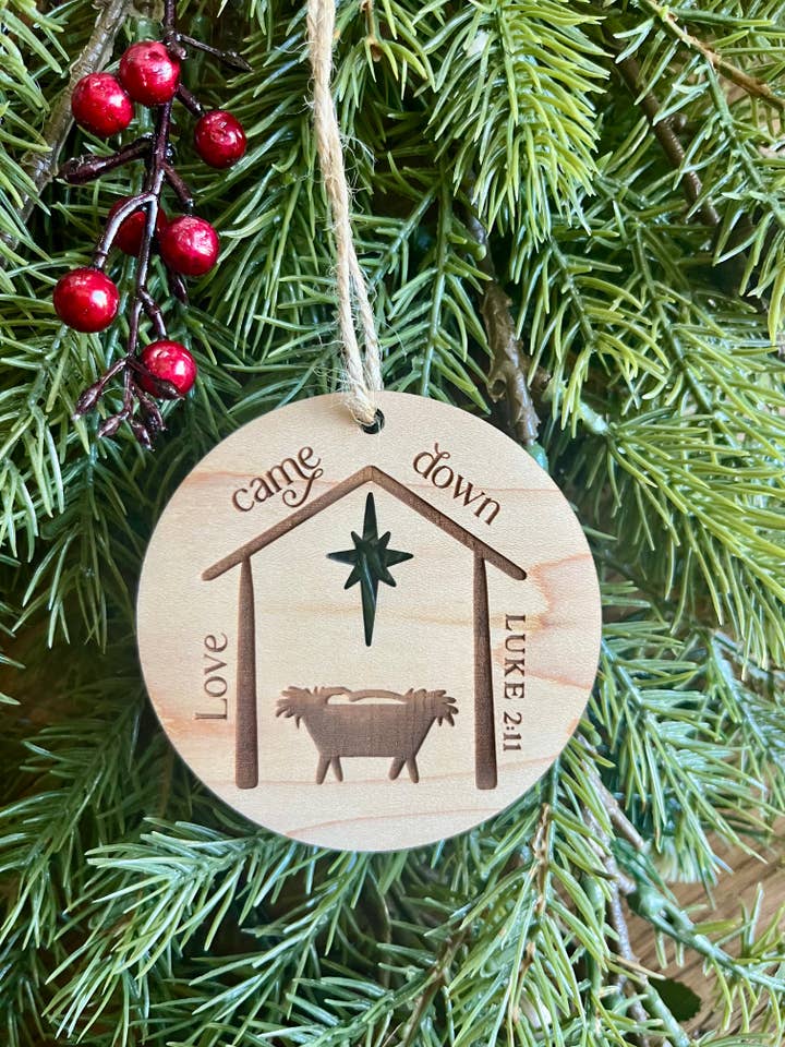 Christian Nativity Baby Jesus Wooden Christmas Ornament for wholesale by Rustic Raleigh