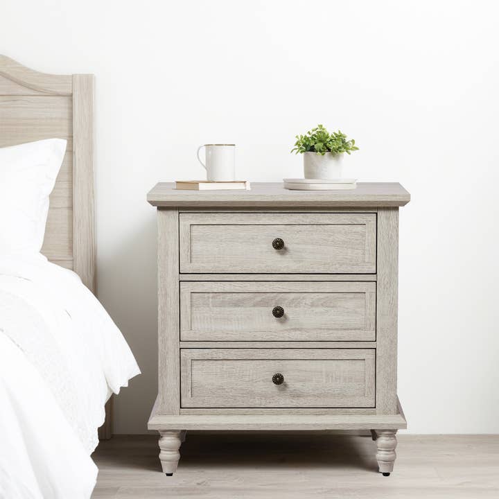 Paris Loft Inc - Wholesale Cabinet - Vintage White Three Drawer Solid Wood Leg Bedside Table1