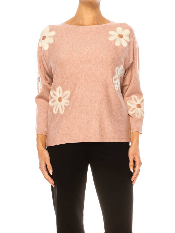 HEATHER ROSE EGGSHEL Aaeda Long Sleeve Flower Motif Pullover Sweater for wholesale on Faire