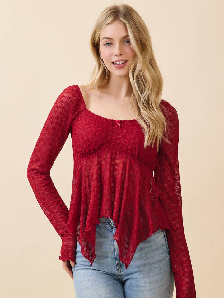 LT56682L - HIGH LOW FLY AWAY BRA PADDED LONG SLEEVE LACE TOP for wholesale by Heart & Hips