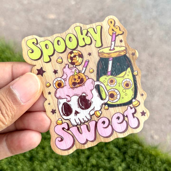 "Spooky and Sweet" Bamboo Wood Sticker, Made in Las Vegas for wholesale by AFK Design Co