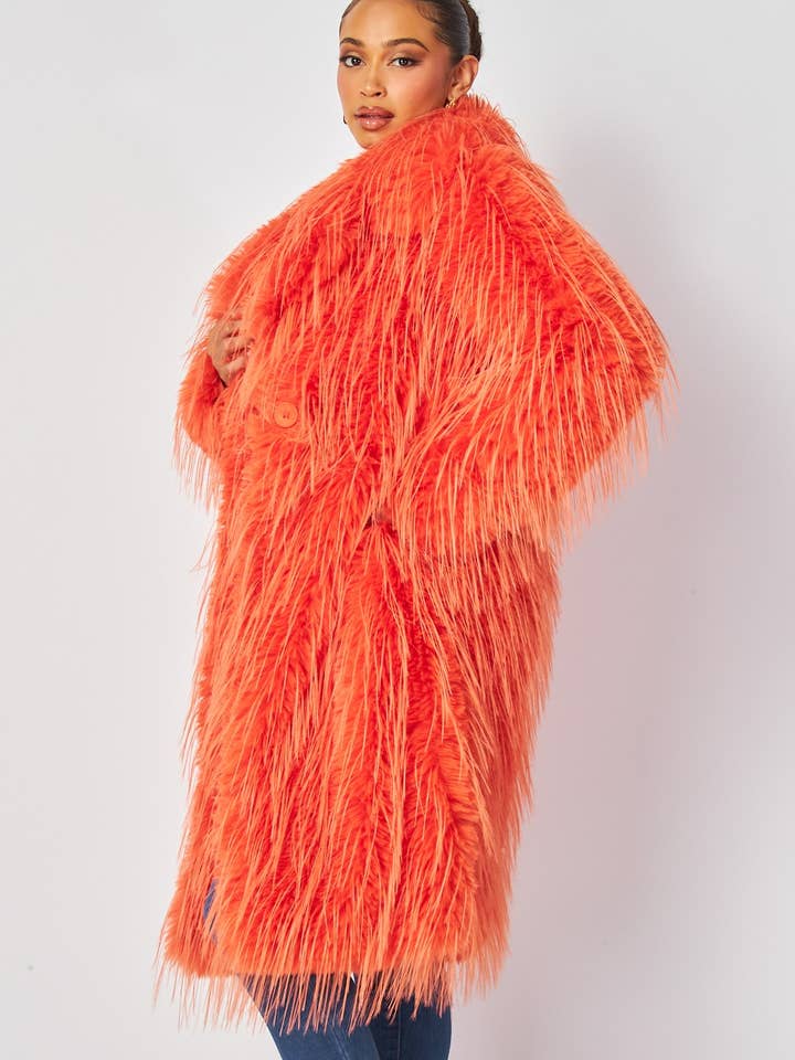 Orange Luna Shaggy Faux Fur Lapel Collar Coat (HDJ30779) for wholesale on Faire