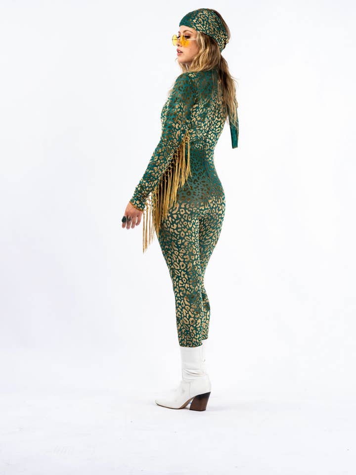 Radiant Robes – wholesale Onesie – Dam – Festivaldräkt med fransar i gepardmönstrad bränd sammet catsuit ravekläder1