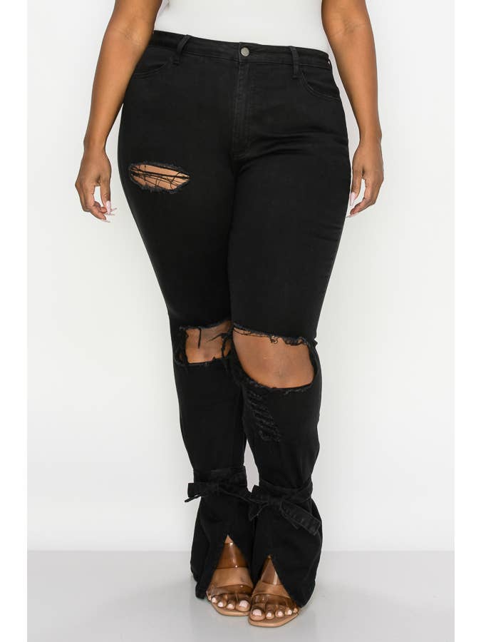 The Map Jeans - Vente Jean – femme - Jean évasé noir pour femme 8402P avec lien à nouer en bas1