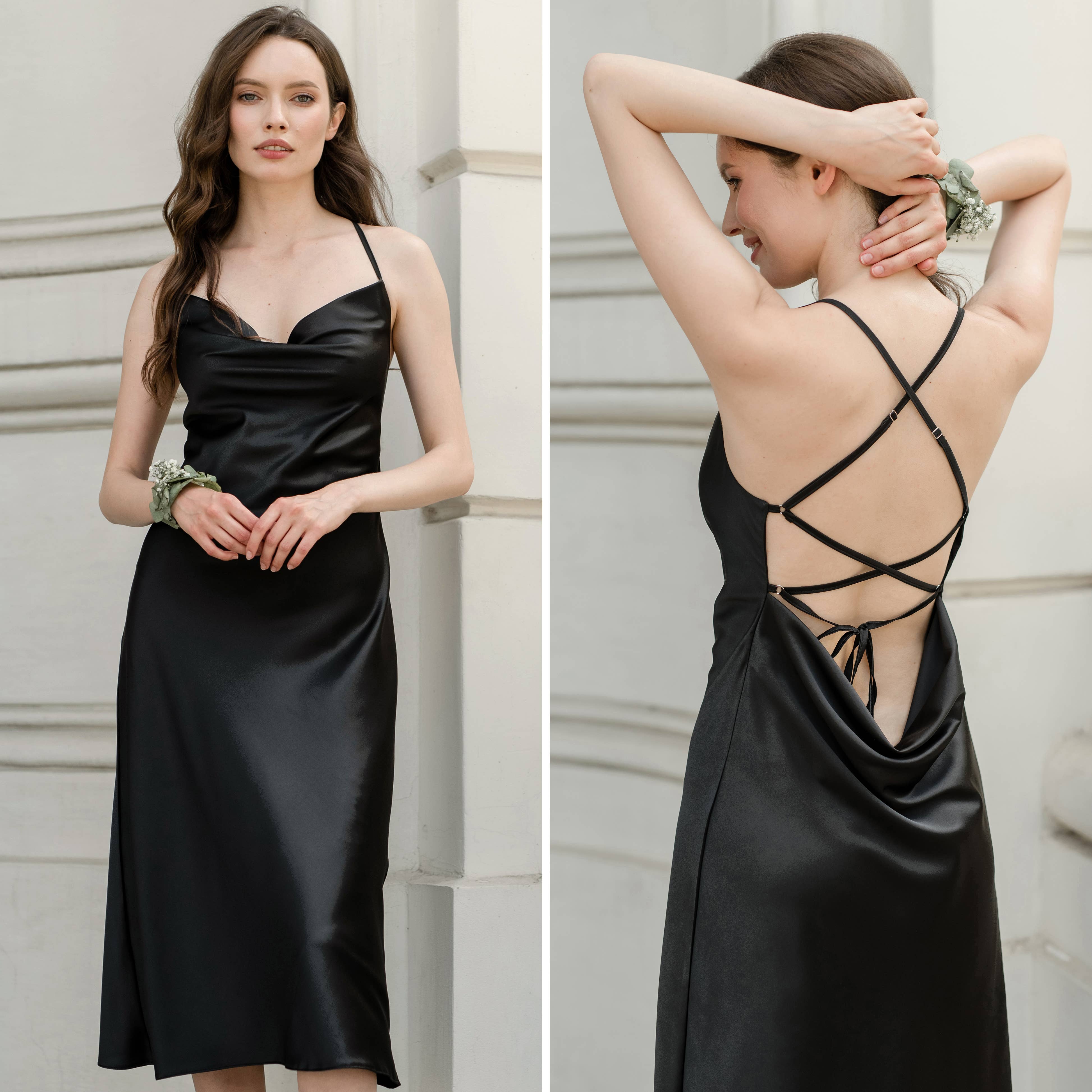 IDENTITY LINGERIE - Wholesale Dress - Women's - Satin Silk Dress Cowl Neck Midi Evening Slip Dresses0