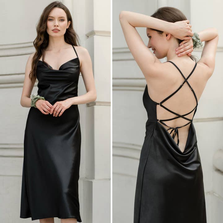 IDENTITY LINGERIE - Wholesale Dress - Women's - Satin Silk Dress Cowl Neck Midi Evening Slip Dresses
