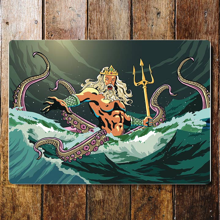 Poseidone,
Targa in metallo con divinità greche, mare e oceano per la vendita all'ingrosso da parte di The British Metal Signs Company