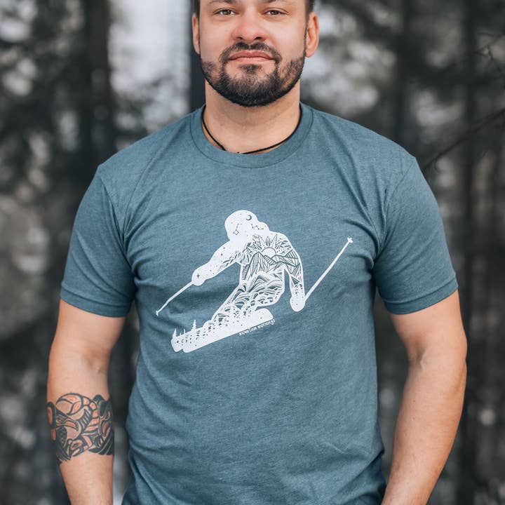 Skier, Unisex T-shirt, Responsibly Made for wholesale by Mountain Mornings