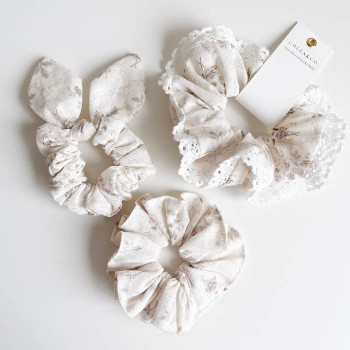 Grey Wildflower Scrunchies for wholesale by Chlea & Co.