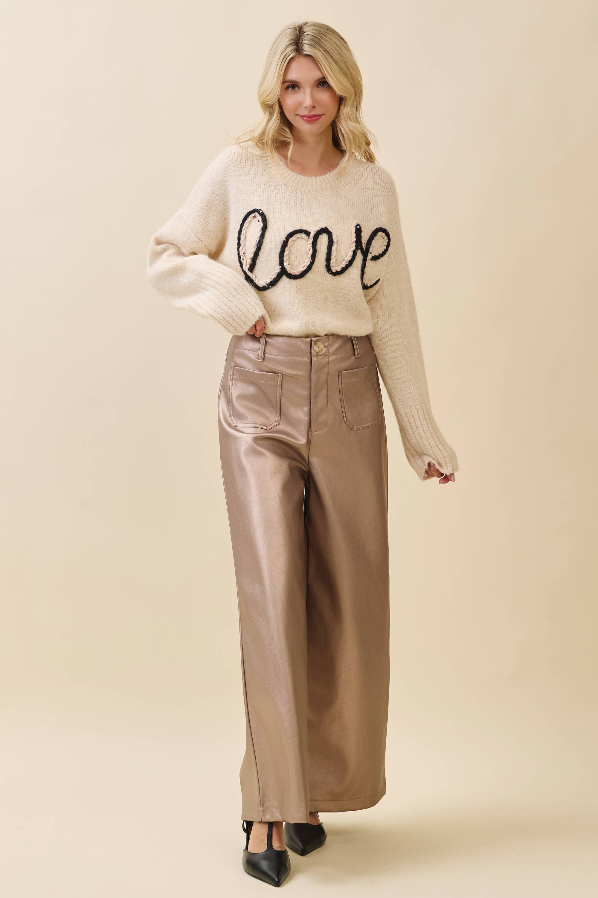 GeeGee x Lovelo - Wholesale Pants - Women's - Metallic Wide-Leg Faux Leather Pants CP521999