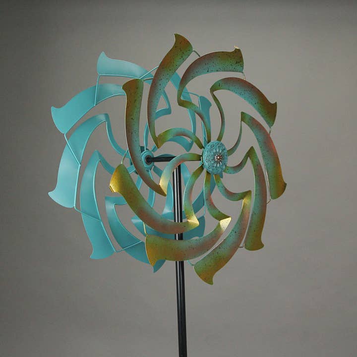 Zeckos - Wholesale Wind Spinner - Teal and Yellow Dual Flower Metal Wind Spinner Garden Stake