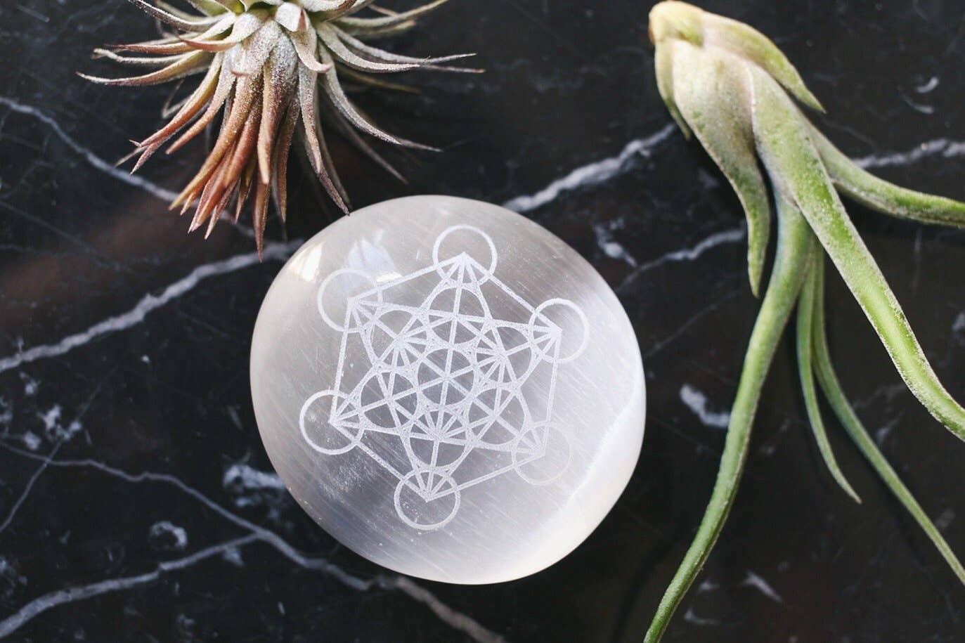Fractalista Designs - Wholesale Spiritual Stone/Crystal - Etched Selenite Palm Stone 'Metatron's Cube'1