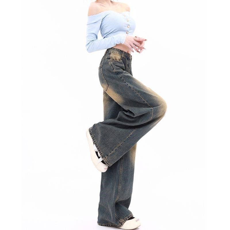 GRAY Vintage High Waisted Wide Leg Distressed Denim Jeans for wholesale on Faire4