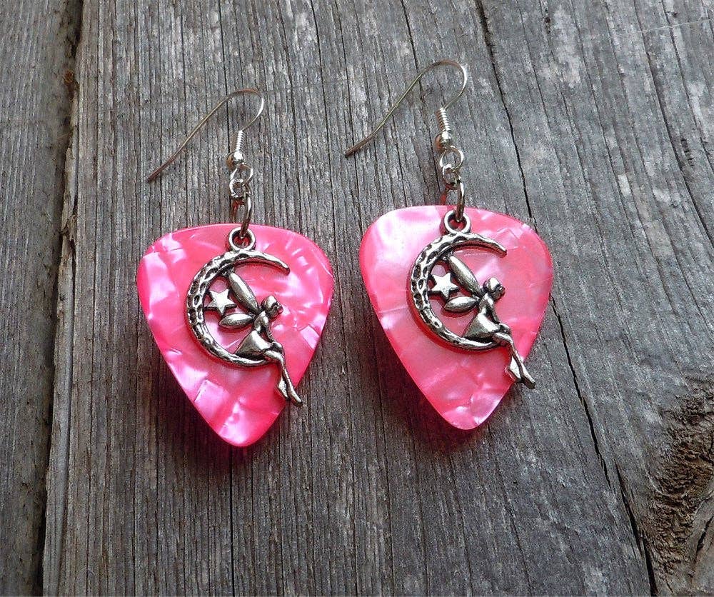 Simply Raevyn - Wholesale Dangle Earrings - Fairy on the Half Moon Charm Guitar Pick Earrings15