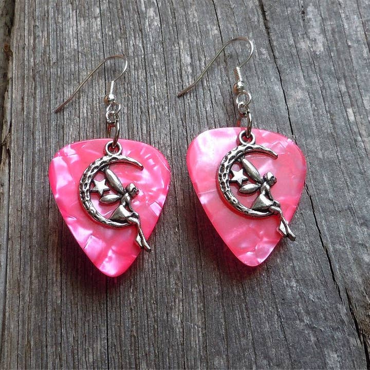 Simply Raevyn - Wholesale Dangle Earrings - Fairy on the Half Moon Charm Guitar Pick Earrings15