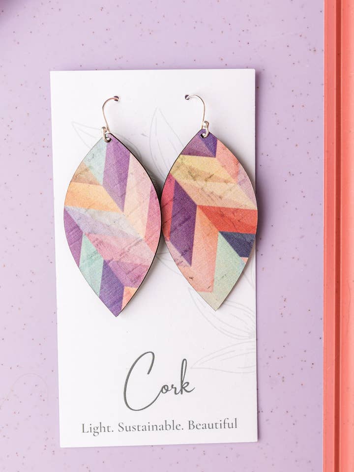 Pink Herringbone Cork Earrings - Large Leaf for wholesale by Hello Lovely Cork Co.