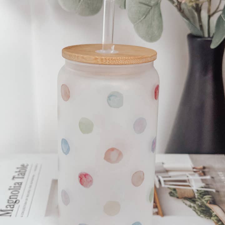 Emma K Designs - Wholesale Drinking Glass/Cup - Colorful Dots (large dots) 16oz Glass Cup with Bamboo Lid