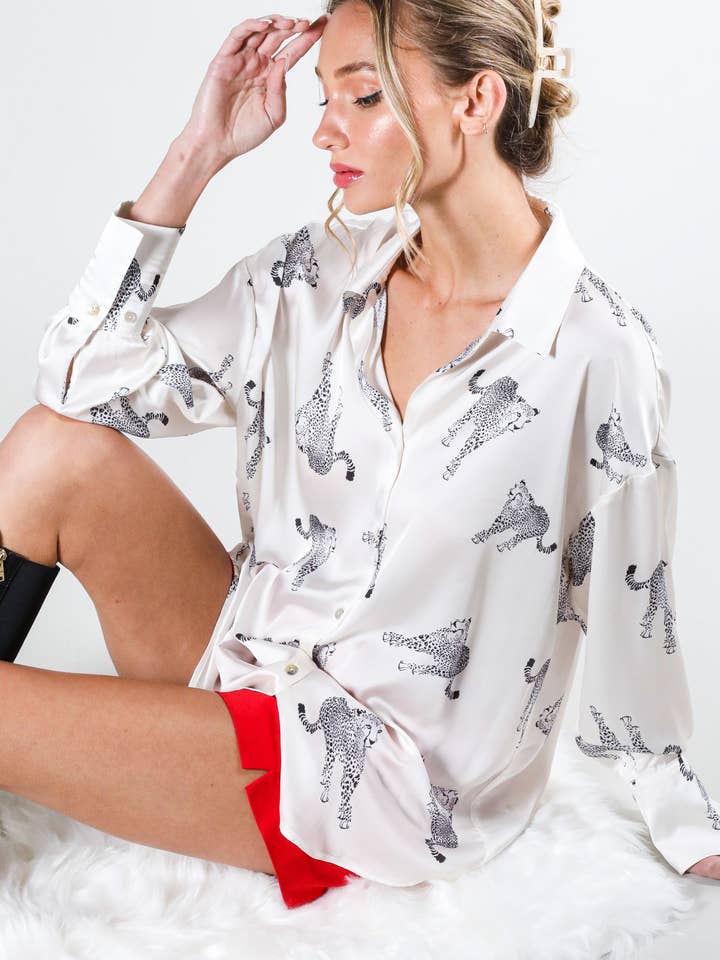 Collared Neck Tiger Printed Satin Blouse Top VT81294R for wholesale by Vine & Love