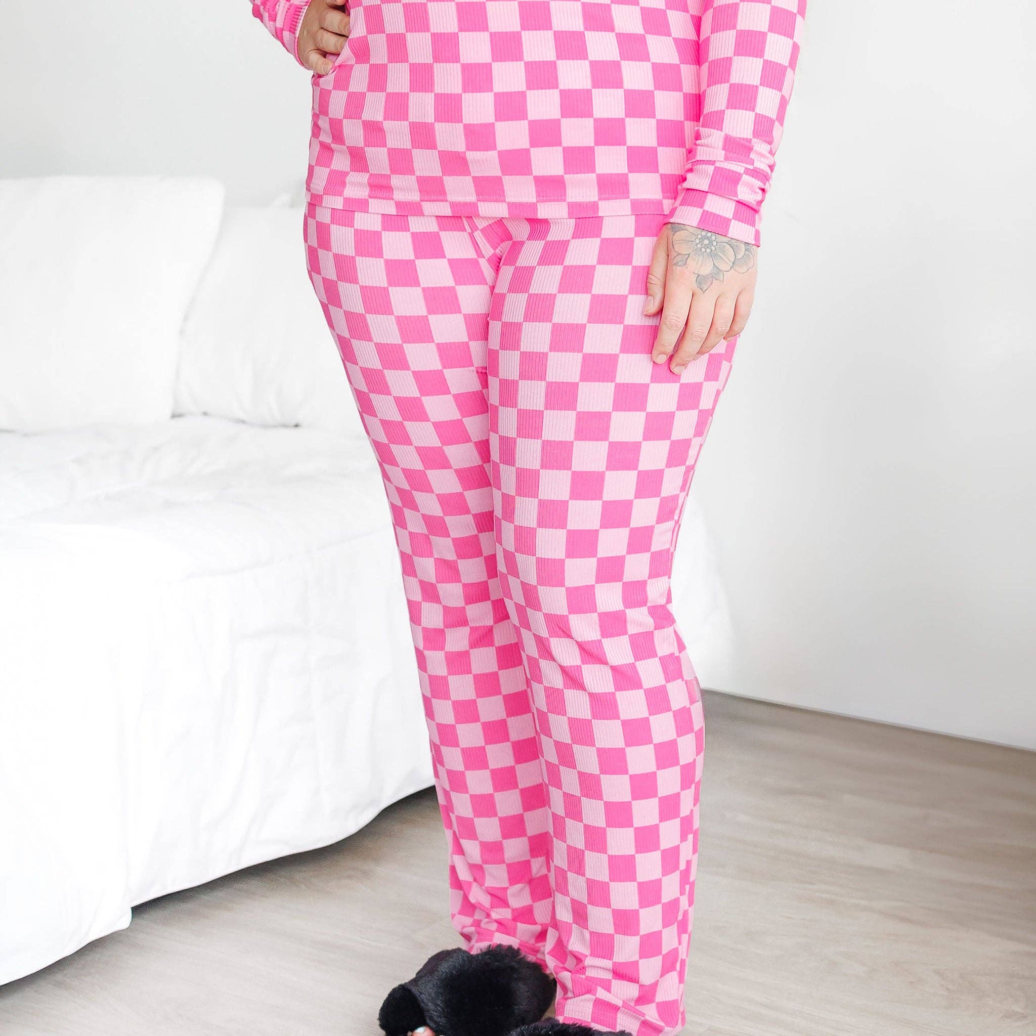 millie + roo LLC - Vente Haut et bas de pyjama – femme - ENSEMBLE DE PYJAMA POUR FEMME - Côtelé à carreaux roses2