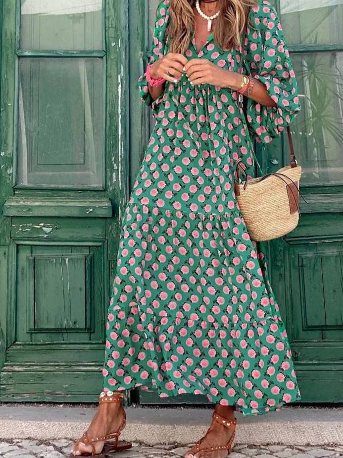Rosa Clothing - Wholesale Dress - Women's - Bohemia Floral Balloon Sleeves loose flare swing dress
