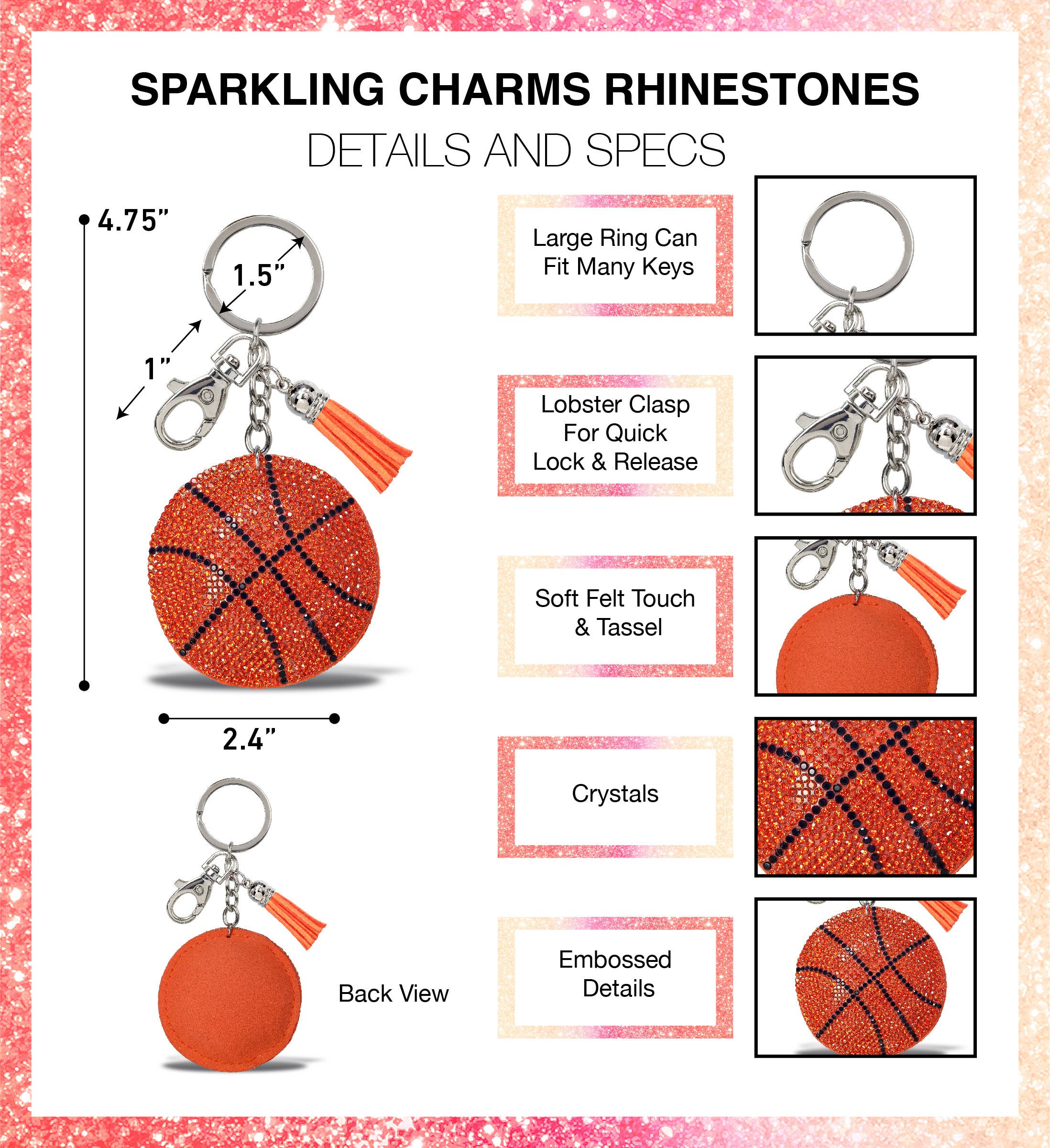Cota Global - Wholesale Keychain - Unisex - Sparkling Rhinestones Charm With Tassel - Basketball1