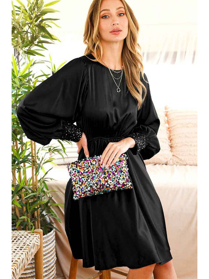 Vine & Love - Wholesale Dress - Women's - Sequin Detail Swing Satin Knee Dress VD8128510