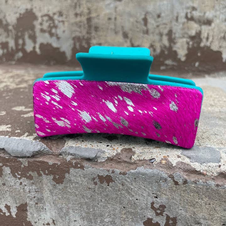 Pink Cowhide Hair Claw Clips 4" for wholesale by Western Linens