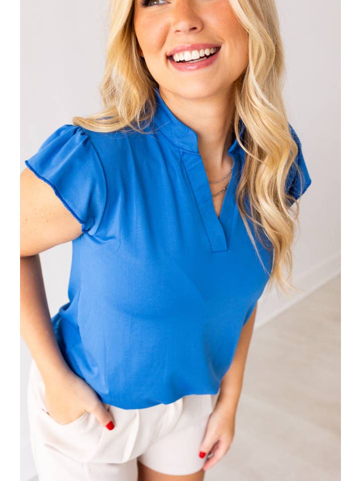 The Nicole V-Neck Top, Blue for wholesale on Faire