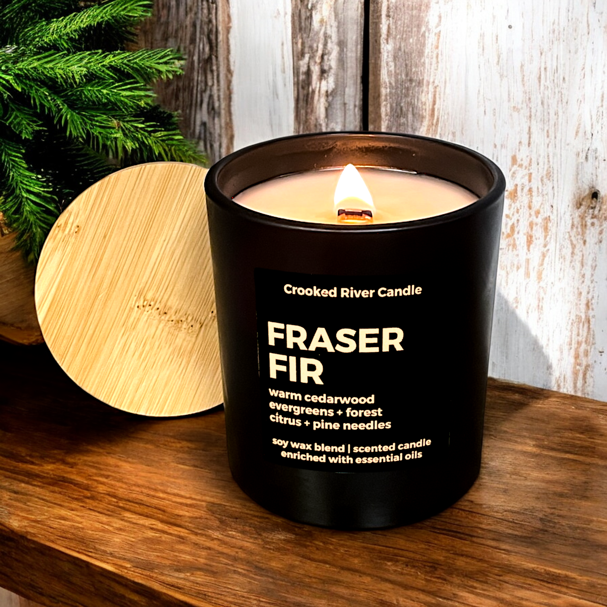Crooked River Candle - Wholesale Jar/Filled Candle - Fraser Fir | Holiday Candle-Black Jar-Bamboo Lid | Wood Wick0