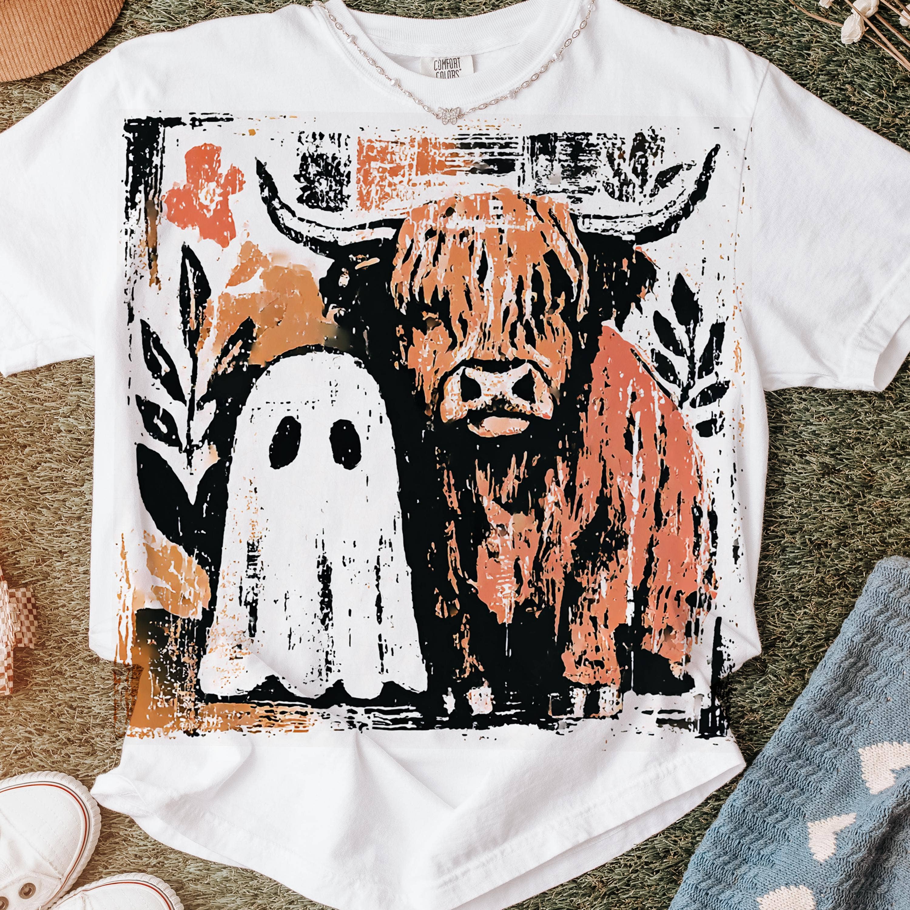 NVC Ecommerce LLC - Wholesale T-Shirt (Graphic) - Women's - Cute fall Highland Cow Ghost Shirt, Spooky Season Sweatshirt1