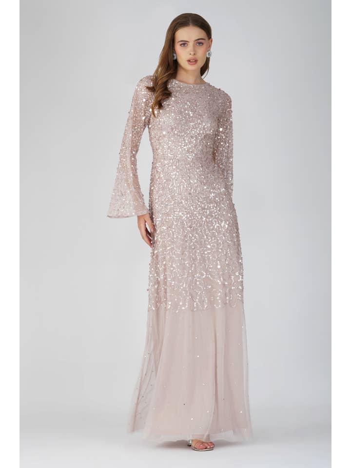 Diane Long Sleeve Embellished Maxi Dress in Mink for wholesale on Faire