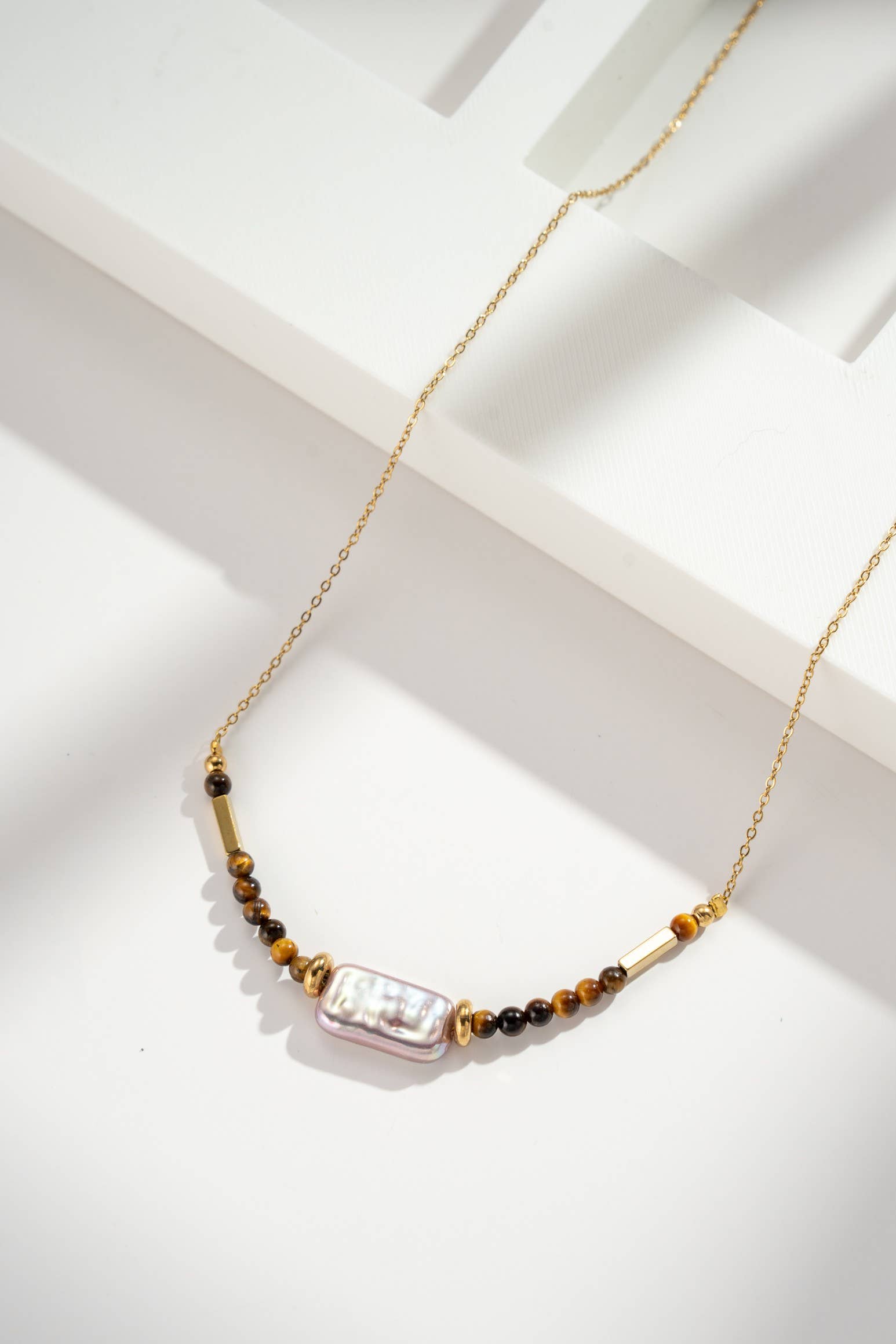 COSMOS - Wholesale Pendant/Charm Necklace - Golden necklace with pearly beads and tiger eye stone steel0