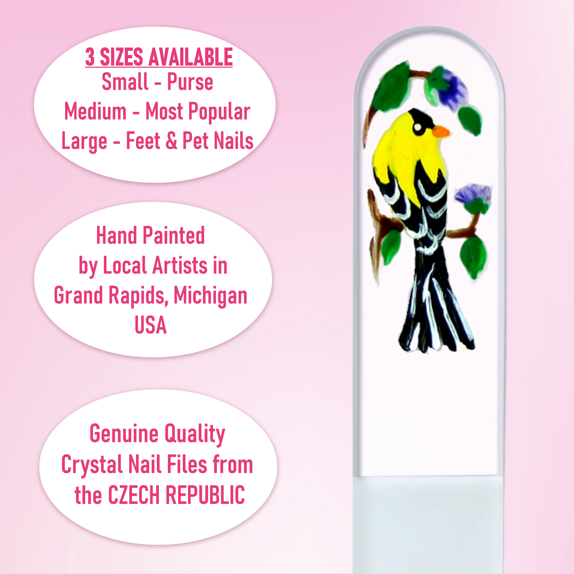 Classy Nail Files - Venta al por mayor Limas de uñas - Lima de uñas de cristal pintada a mano para amantes de los pájaros pinzón amarillo.6