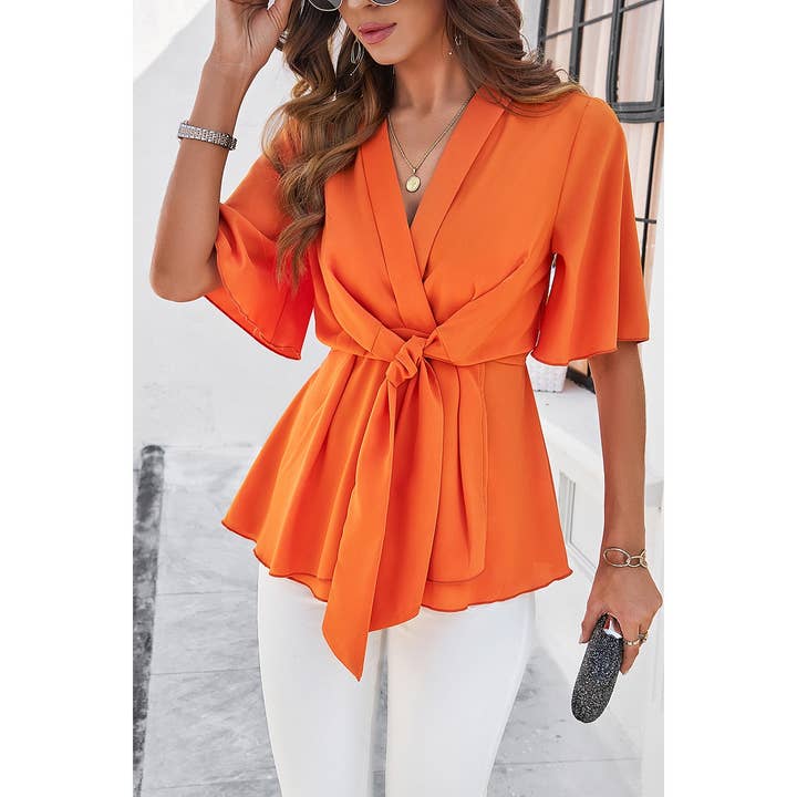 Supreme Fashion - Wholesale Blouse - Women's - V Neck Peplum Tie Front Short Bell Sleeve Shirt8