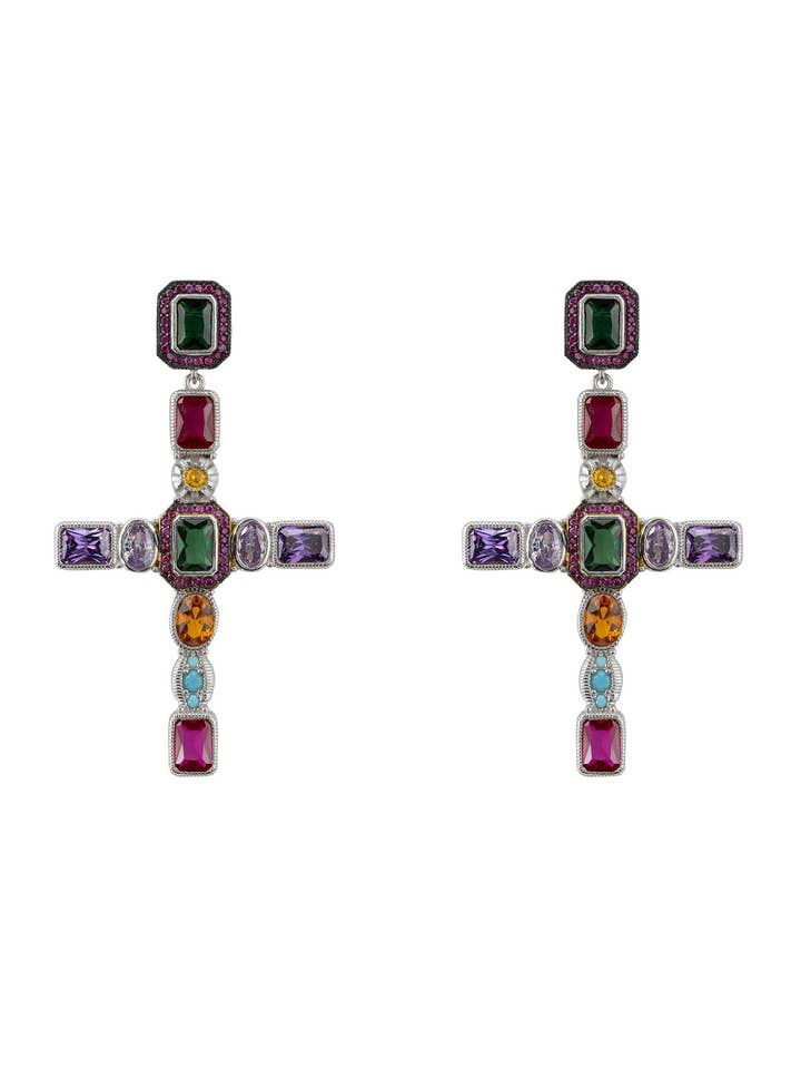 Maria Extra Large Gemstone Fashion Earrings Silver (Cross) for wholesale by Latelita