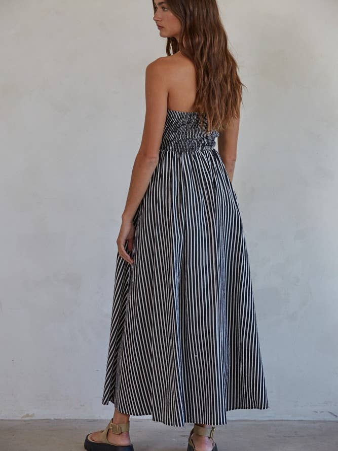 By Together – Engroshandel Kjole - Dame – L6998 | Strimmeløs Flare Maxikjole med Stribet Rørhals9