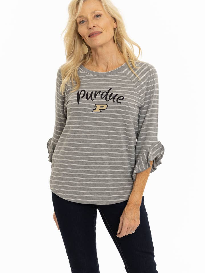 Purdue Boilermakers Striped Renata Ruffle Top for wholesale by Flying Colors Apparel