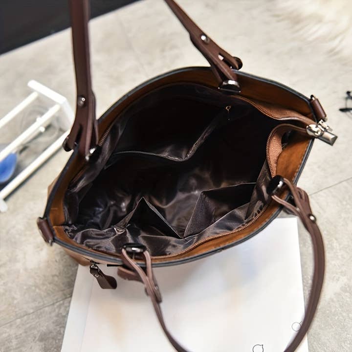 CandBBaby - Wholesale Tote Bag - Women's - Retro Brown Multiple Compartments Tote Bag for Women - Adjustable Strap, Zipper Closure, Small Crossbody & Shoulder Handbag, Vintage